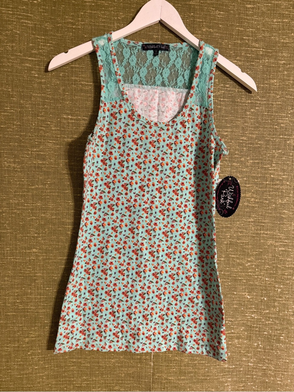 Wishful Park Mint Floral Lace-Back Sleeveless Tank
